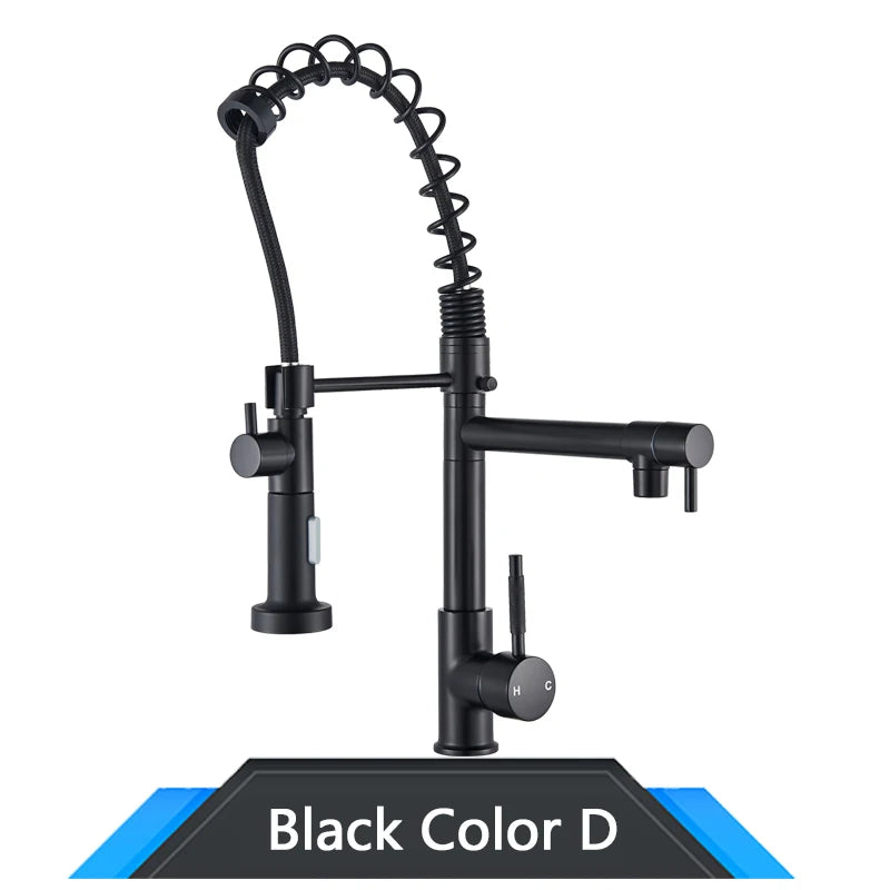 Black and rose gold spring pull down kitchen faucet with dual spouts - Black Color D