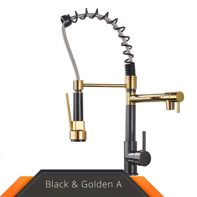 Black and rose gold spring pull down kitchen faucet with dual spouts - Black & Golden