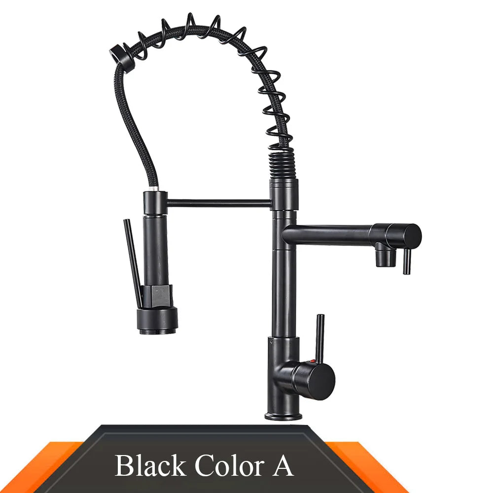 Black and rose gold spring pull down kitchen faucet with dual spouts - Black Color A