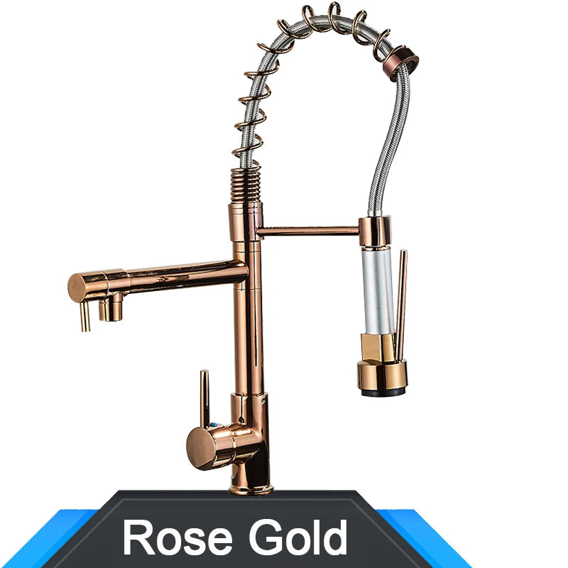 Black and rose gold spring pull down kitchen faucet with dual spouts - Rose Gold