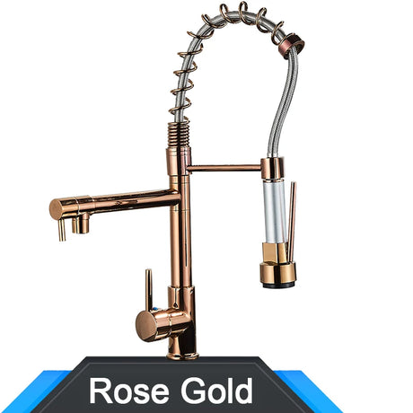 Black and rose gold spring pull down kitchen faucet with dual spouts - Rose Gold