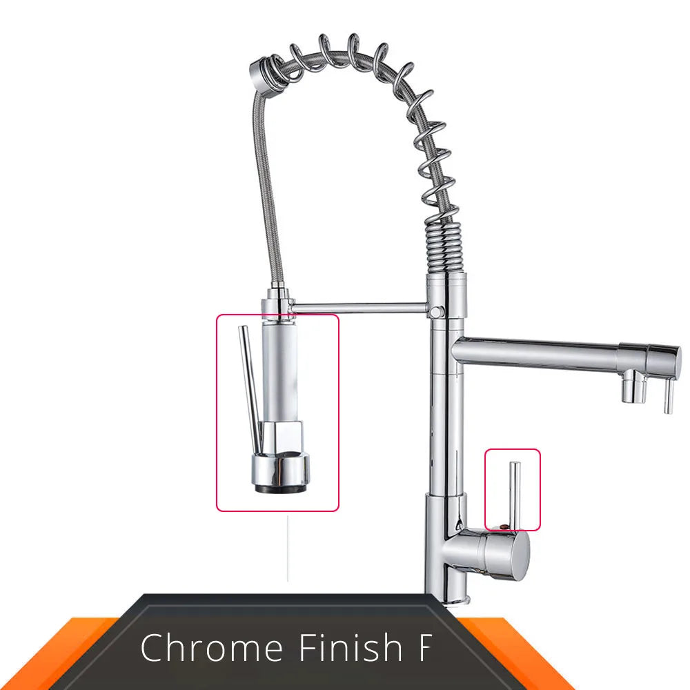 Black and rose gold spring pull down kitchen faucet with dual spouts - Chrome Finish