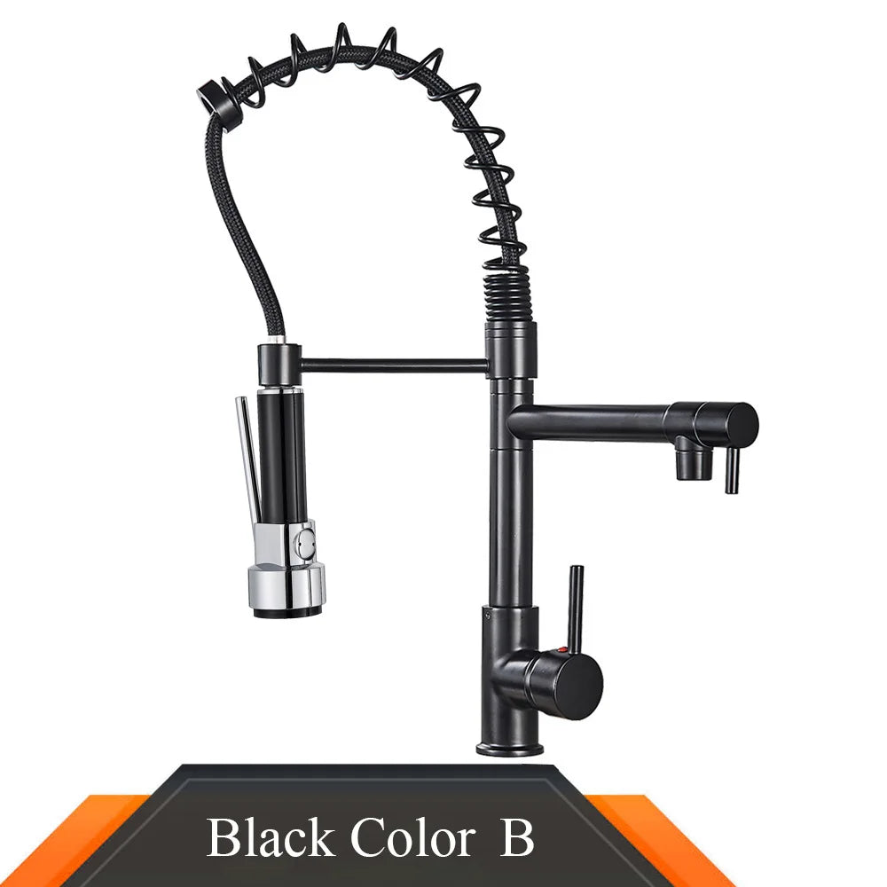 Black and rose gold spring pull down kitchen faucet with dual spouts - Black