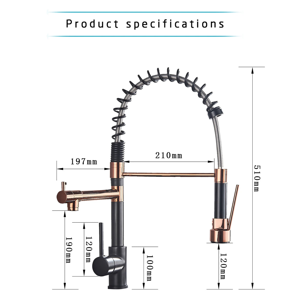 Black and rose gold spring pull down kitchen faucet with dual spouts