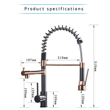 Black and rose gold spring pull down kitchen faucet with dual spouts
