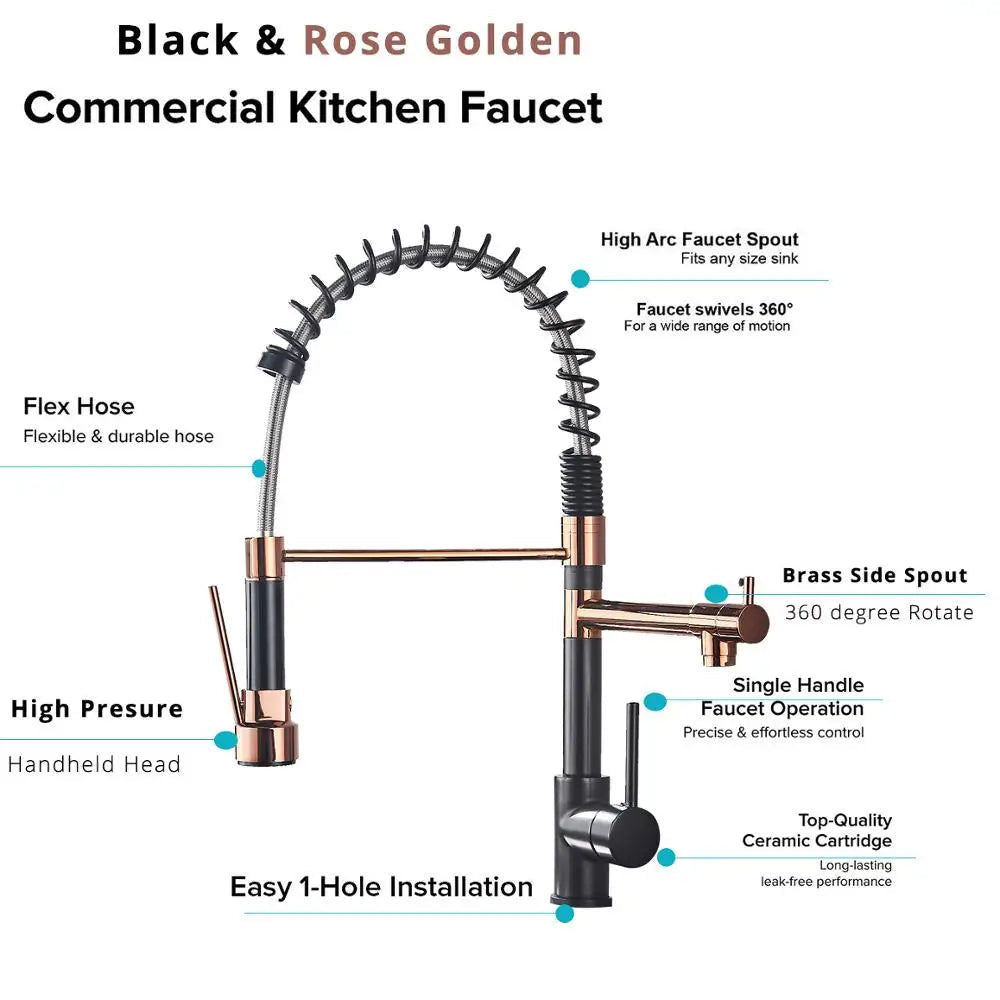 Black and rose gold spring pull down kitchen faucet with dual spouts