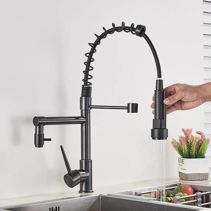 Black and rose gold spring pull down kitchen faucet with dual spouts