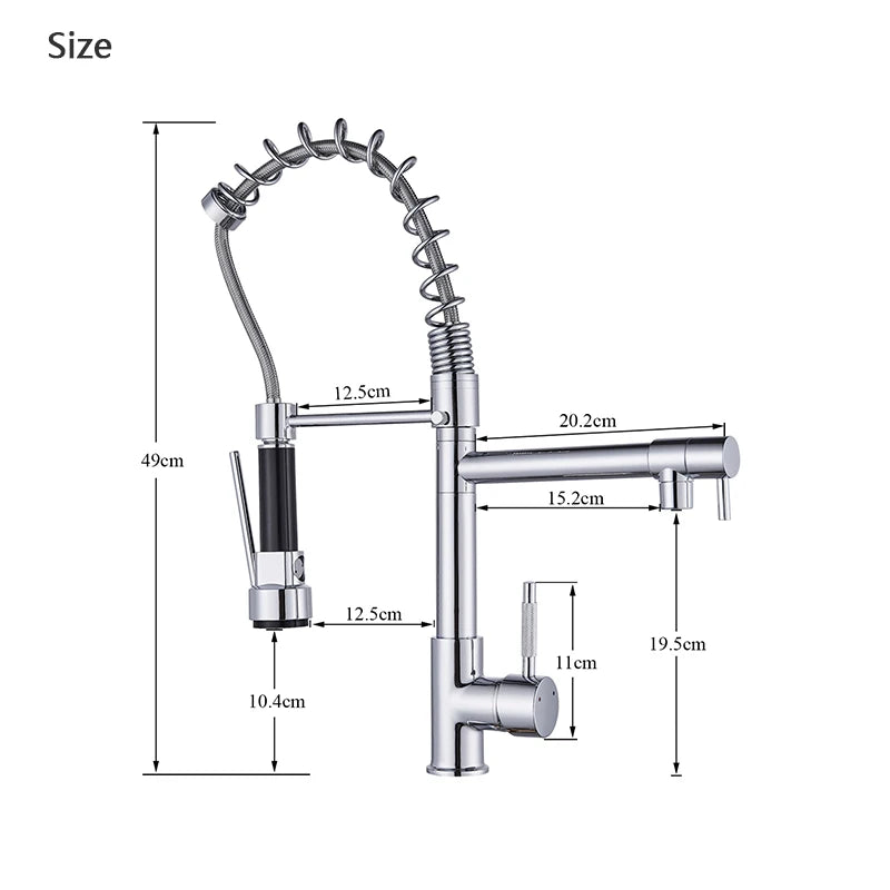 Black and rose gold spring pull down kitchen faucet with dual spouts