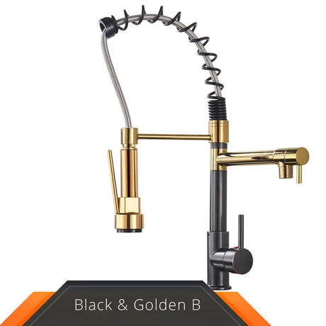 Black and rose gold spring pull down kitchen faucet with dual spouts - Black & Golden