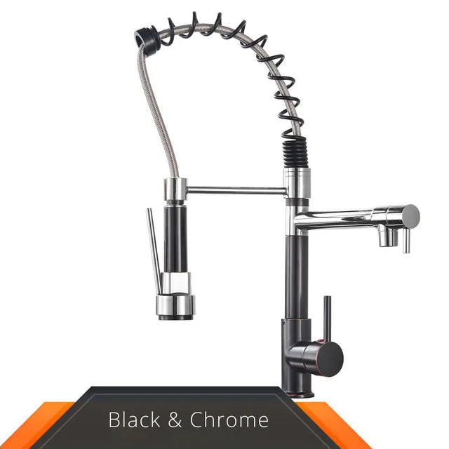 Black and rose gold spring pull down kitchen faucet with dual spouts - Black & Chrome