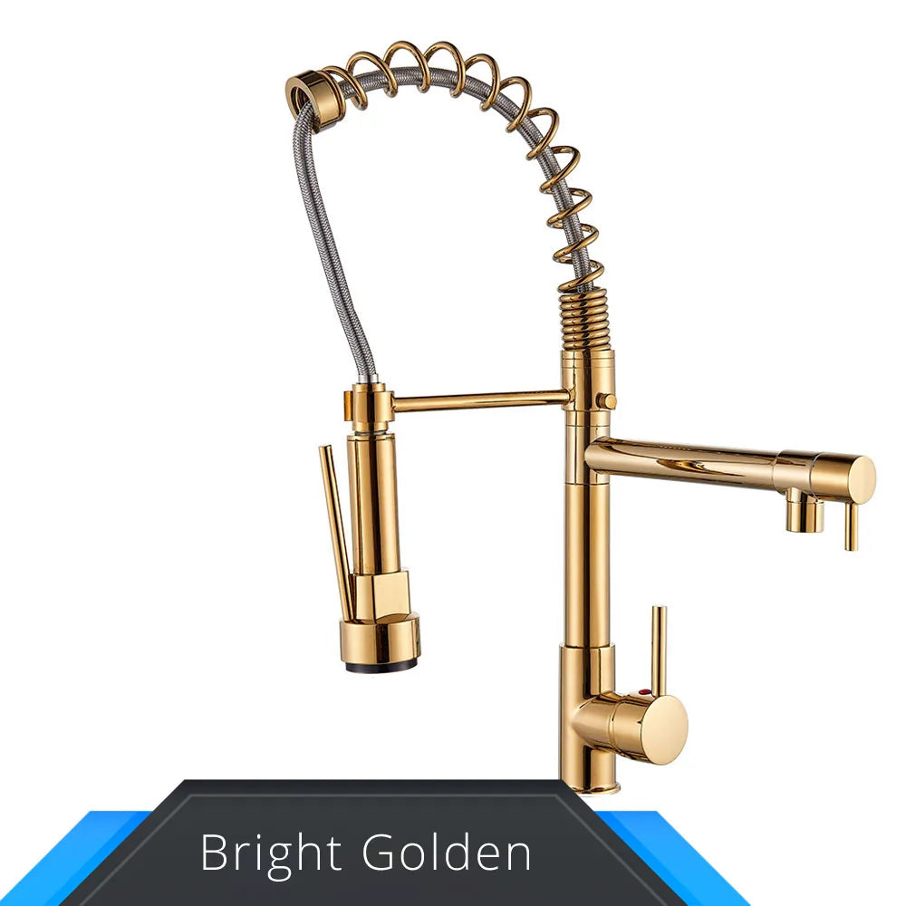 Black and rose gold spring pull down kitchen faucet with dual spouts - Bright Golden