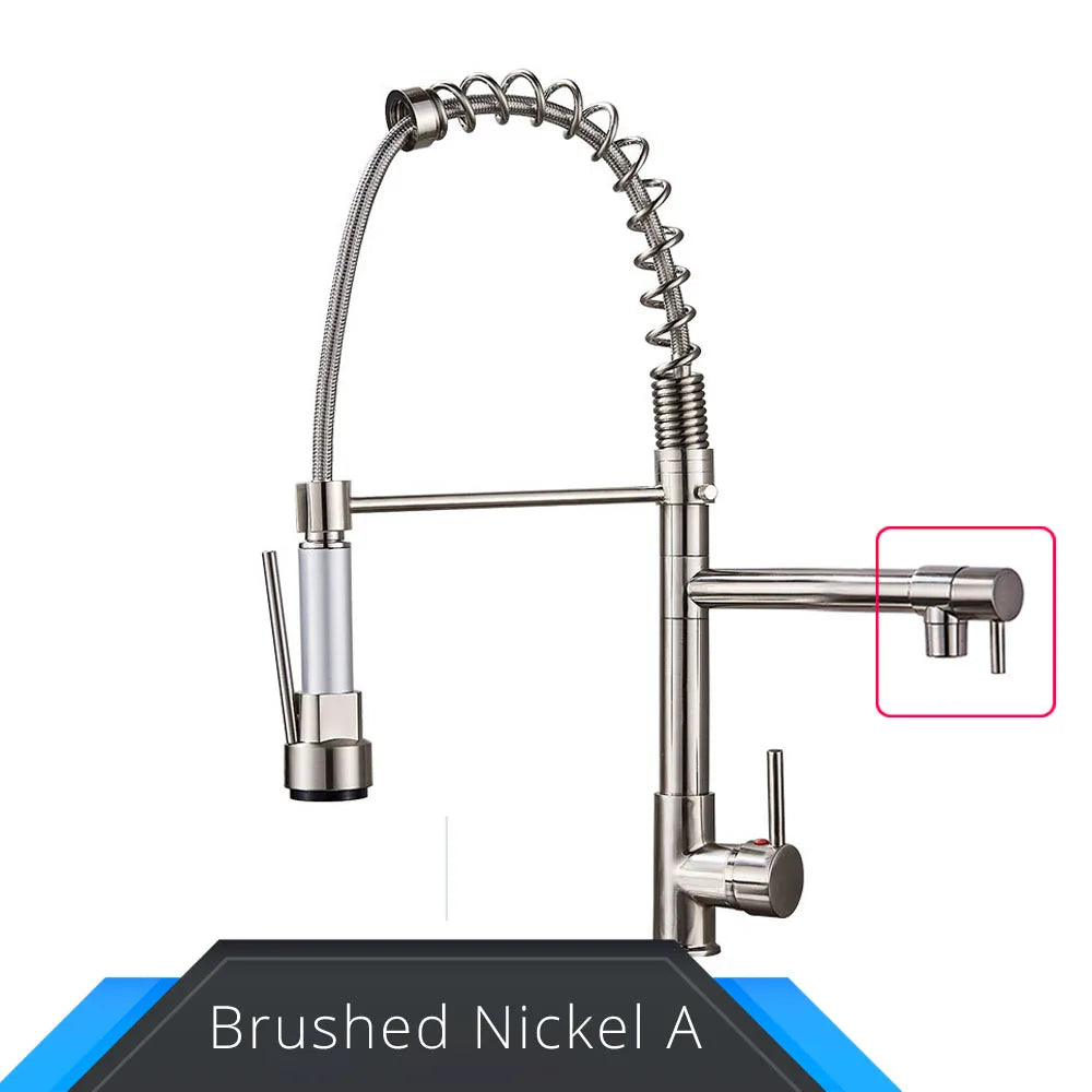 Black and rose gold spring pull down kitchen faucet with dual spouts Brushed Nickel