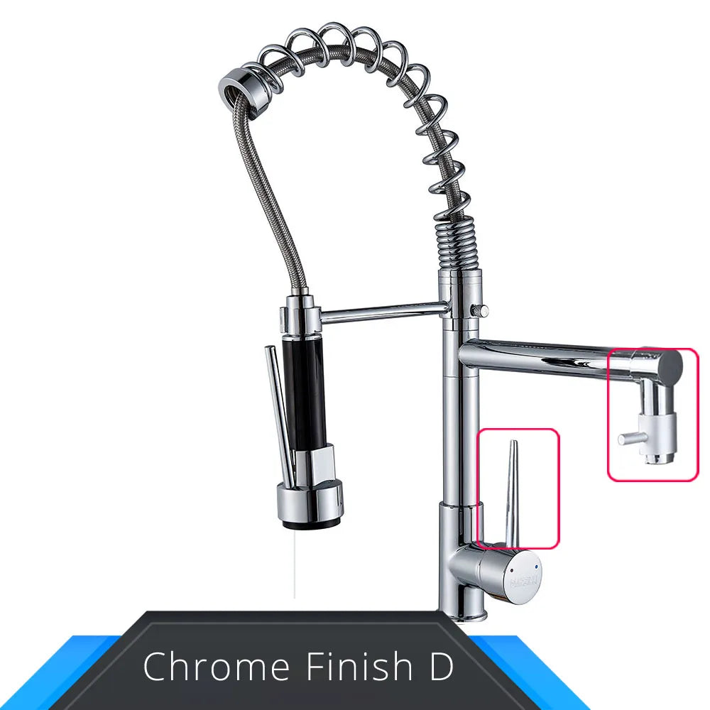 Black and rose gold spring pull down kitchen faucet with dual spouts = Chrome Finish