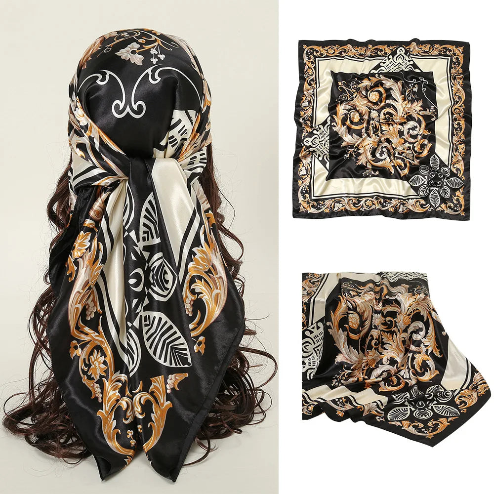 Black Gold Square 90*90cm Silk Satin Scarf Scarves Shawl Hijab