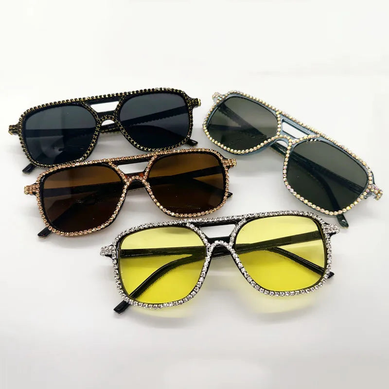 Collection of Square Double Bridges Diamond Candy Color Rhinestone Sunglasses