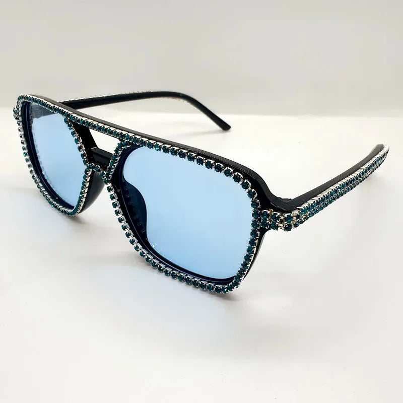 Blue Square Double Bridges Diamond Candy Color Rhinestone Sunglasses