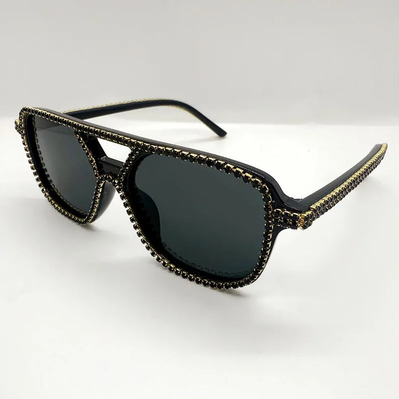Black Square Double Bridges Diamond Candy Color Rhinestone Sunglasses