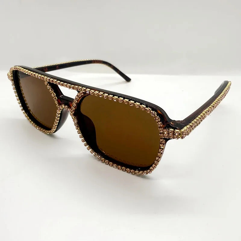 Brown Square Double Bridges Diamond Candy Color Rhinestone Sunglasses