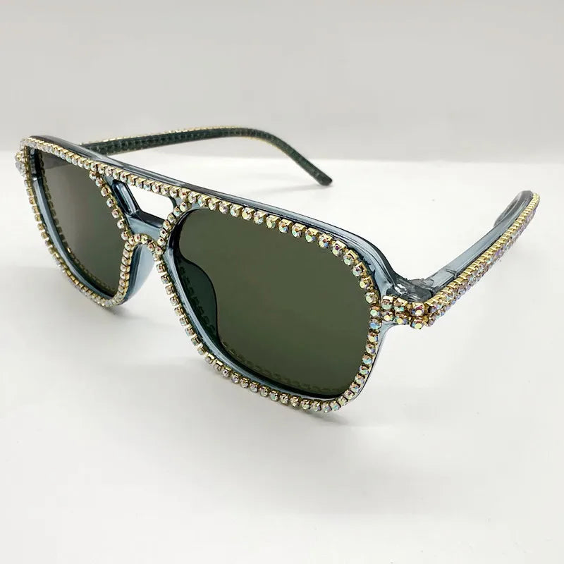 Green Square Double Bridges Diamond Candy Color Rhinestone Sunglasses