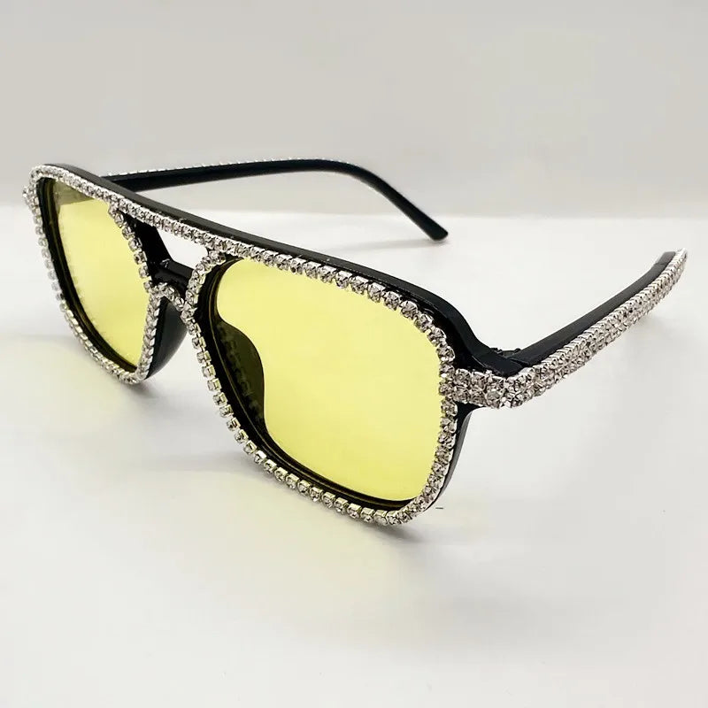 Yellow Square Double Bridges Diamond Candy Color Rhinestone Sunglasses