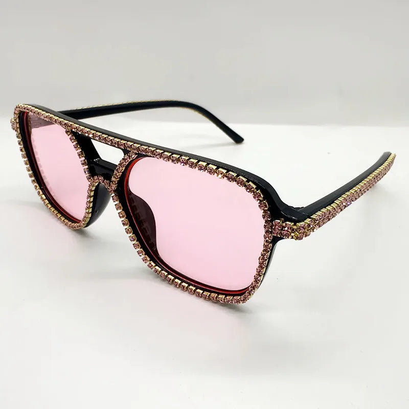 Pink Square Double Bridges Diamond Candy Color Rhinestone Sunglasses