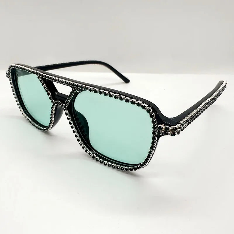 Blue Square Double Bridges Diamond Candy Color Rhinestone Sunglasses