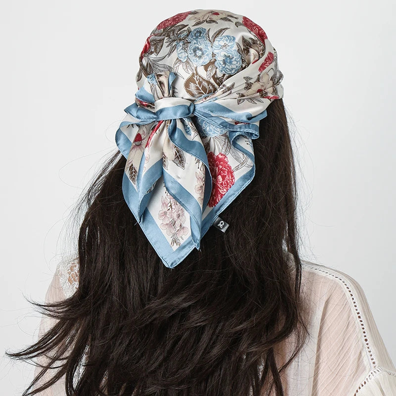 Blue Square Silk Feeling Scarf 70X70cmPrint Bandana Satin Hijab