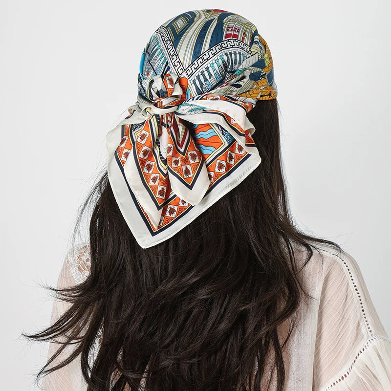 Orange Green Square Silk Feeling Scarf 70X70cmPrint Bandana Satin Hijab