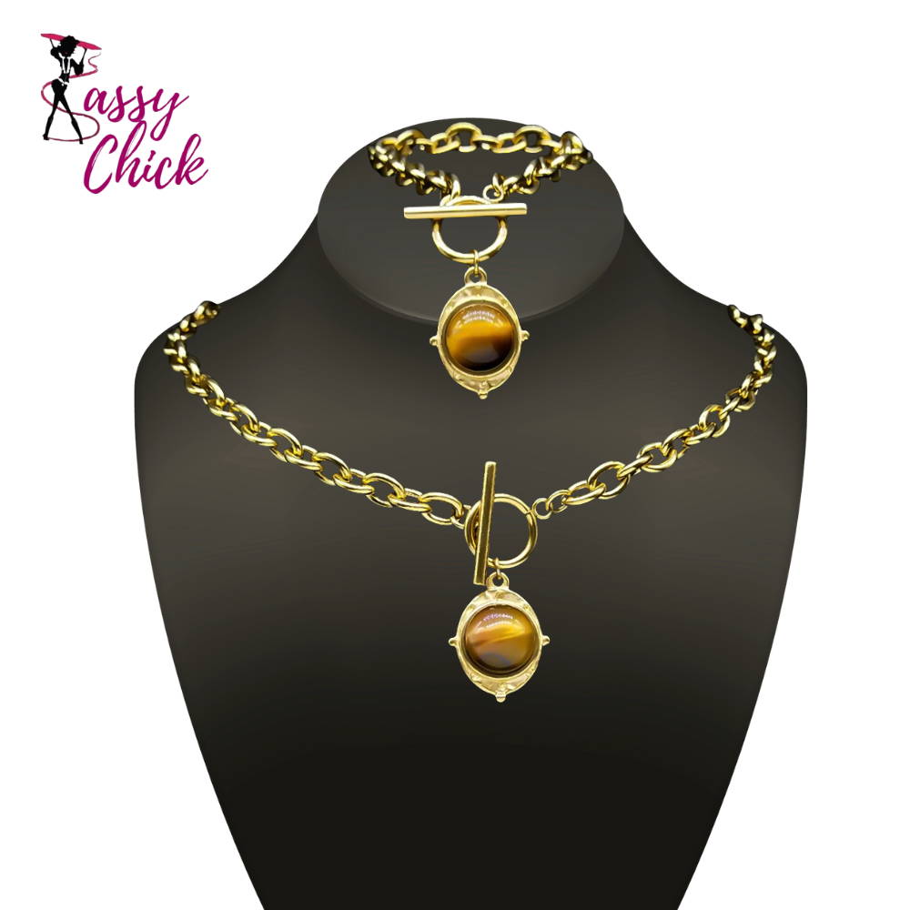 Stainless Steel Vintage Tiger Eye Stone Jewelry Set Sassy Chick Logo