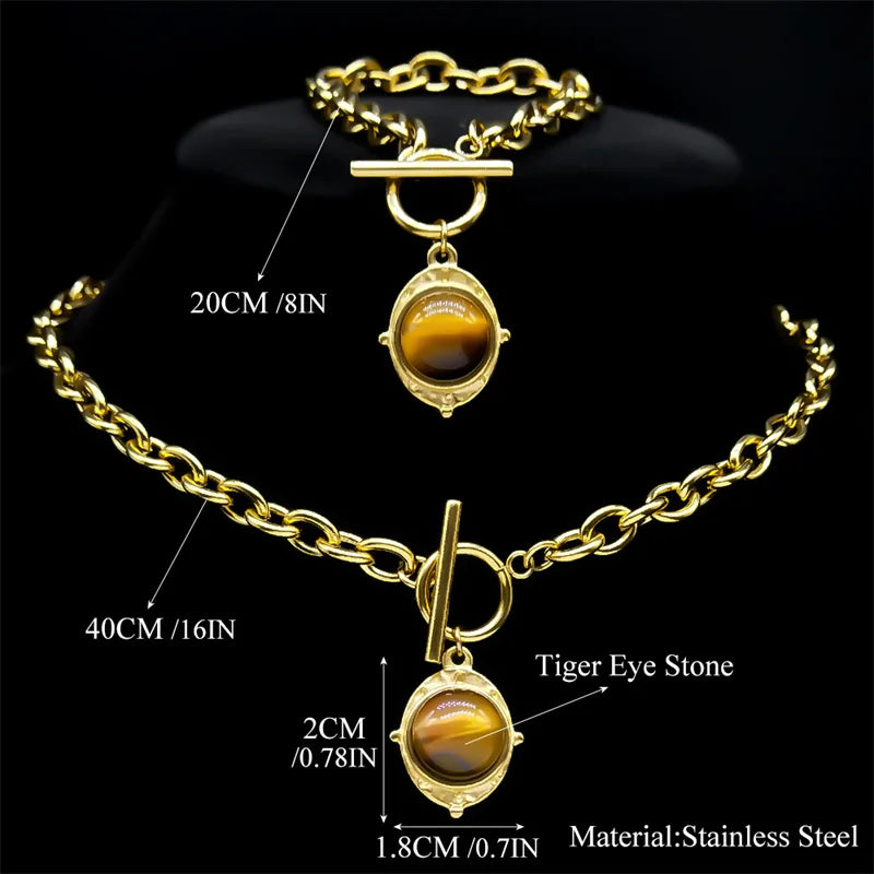 Size of Stainless Steel Vintage Tiger Eye Stone Jewelry Set