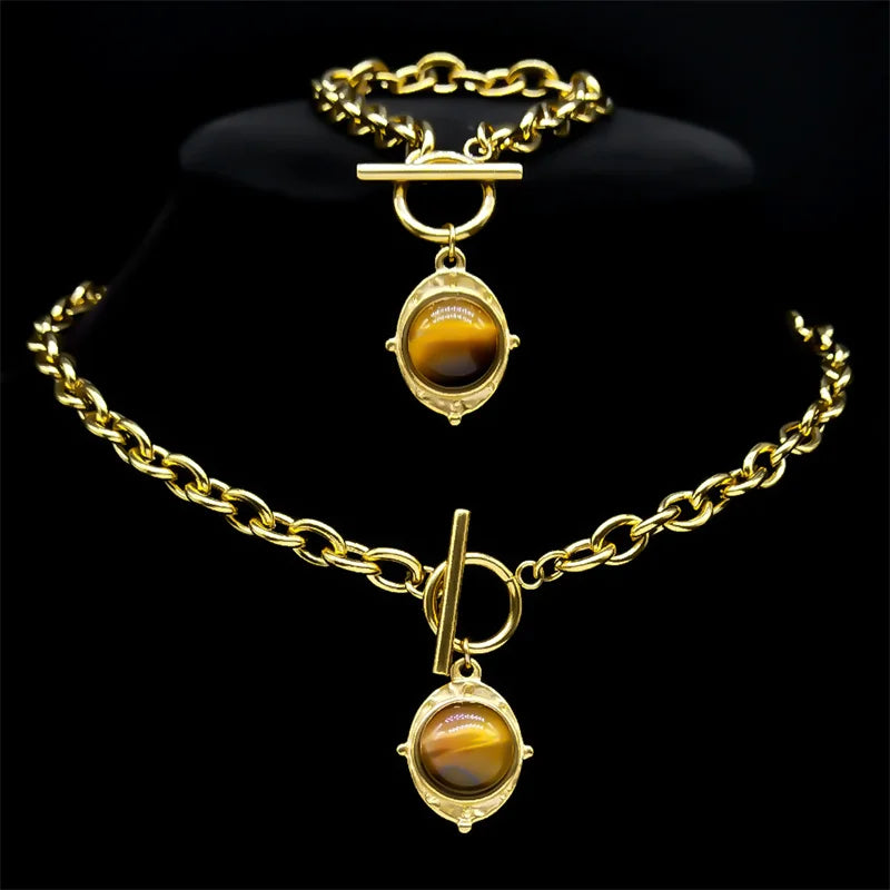 Gold Stainless Steel Vintage Tiger Eye Stone Jewelry Set