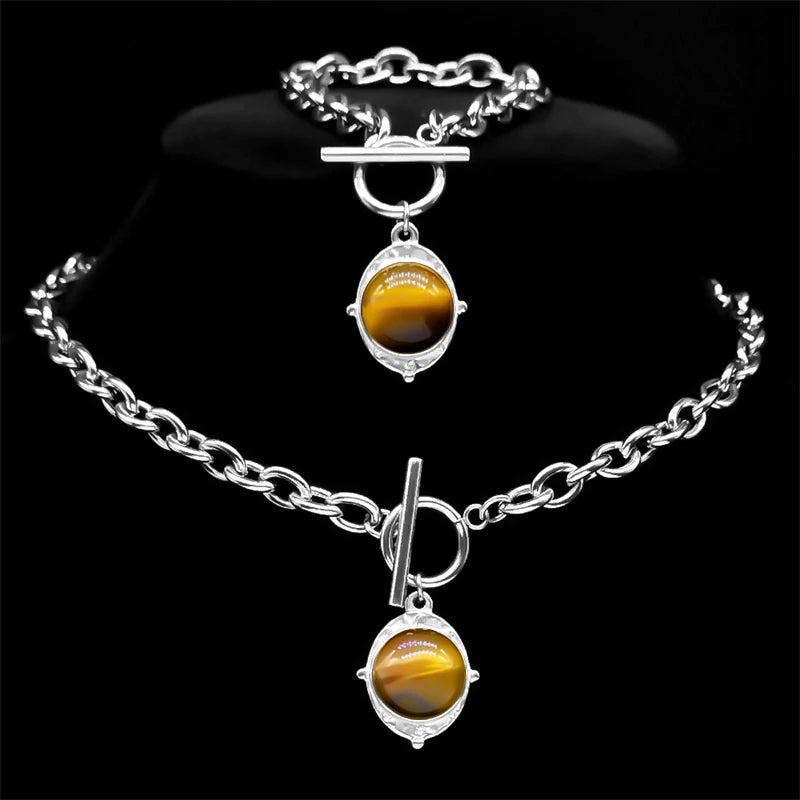 Silver Stainless Steel Vintage Tiger Eye Stone Jewelry Set