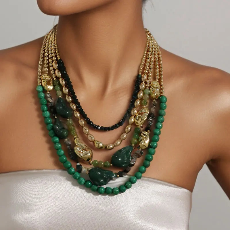Model Using Statement Beads Multi-layered Retro Style Necklace