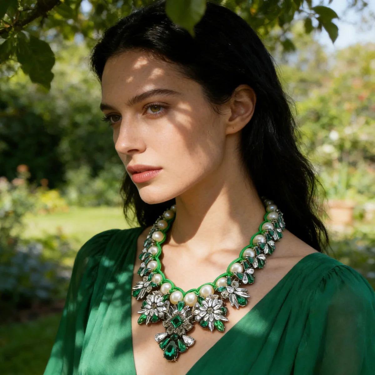 Model Using Statement Bronze Resin Gem Rhinestone Crystal Necklace