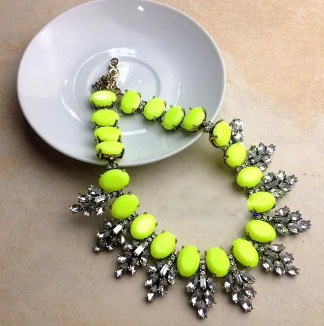 Yellow Statement Bronze Resin Gem Rhinestone Crystal Necklace