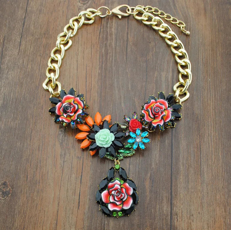 Statement Bronze Resin Gem Rhinestone Crystal Necklace