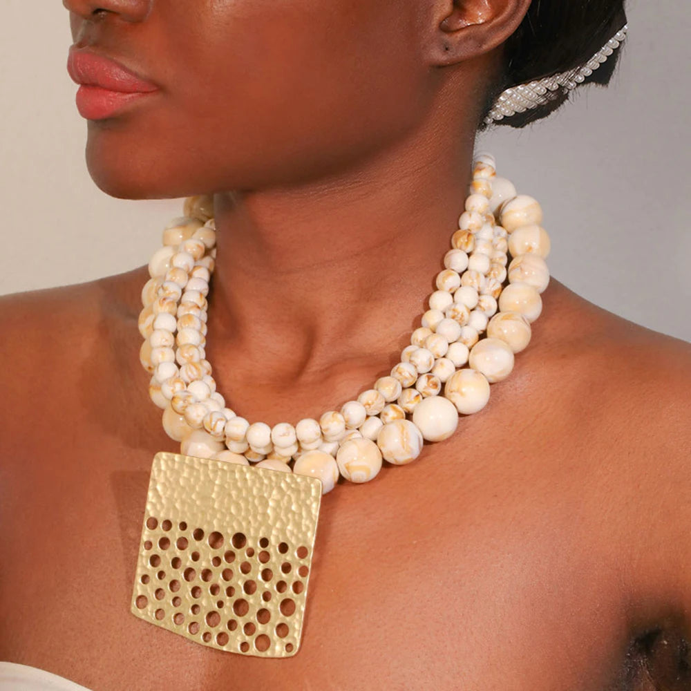 Model using Statement Geometry Pendant Beads Necklace