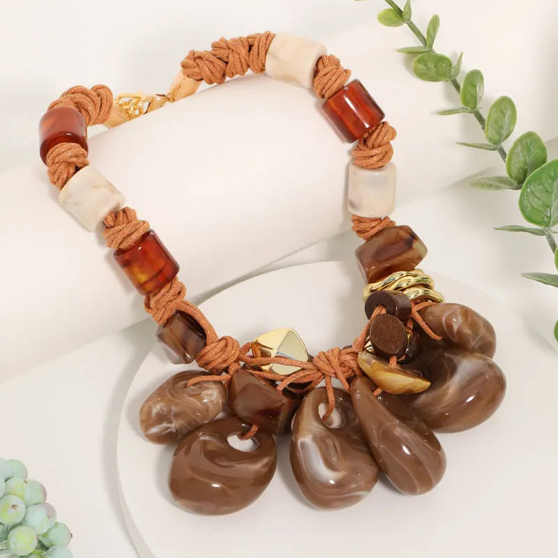 Brown Statement Retro Ethnic Style Laminated Beads Necklace