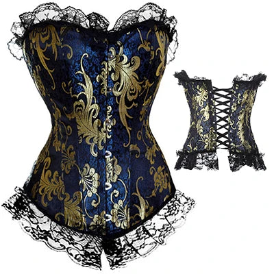 Steampunk Lace Up boned Clothing Plus Size Corsets Front Back Gold Blue