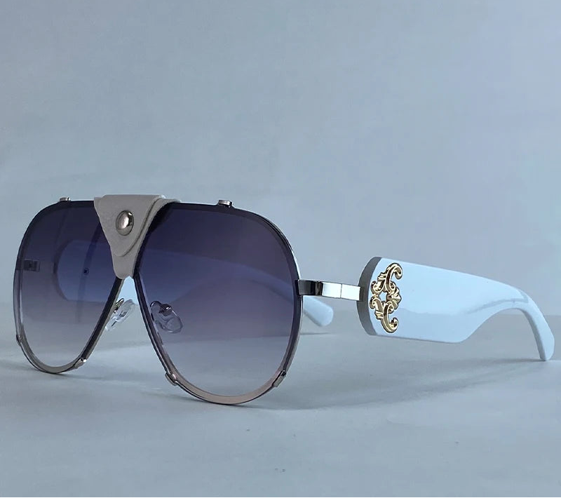 White Steampunk Oval Shield Pilot Sunglasses