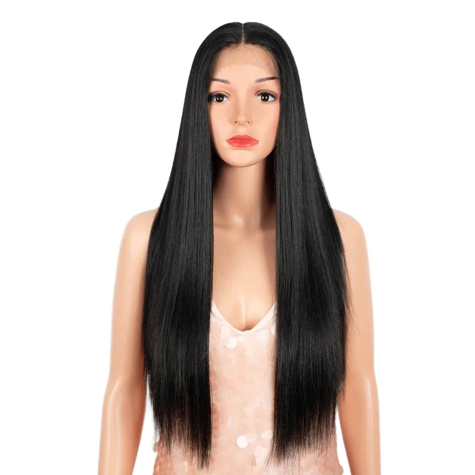 Black Straight 28 Inch Heat Resistant Synthetic Lace Front Wigs