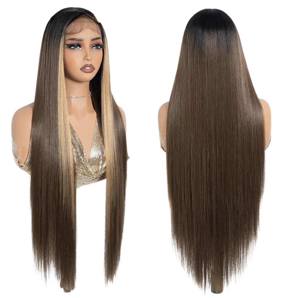 Brown Straight 36 Inch Long Synthetic Lace Front Wigs For Women