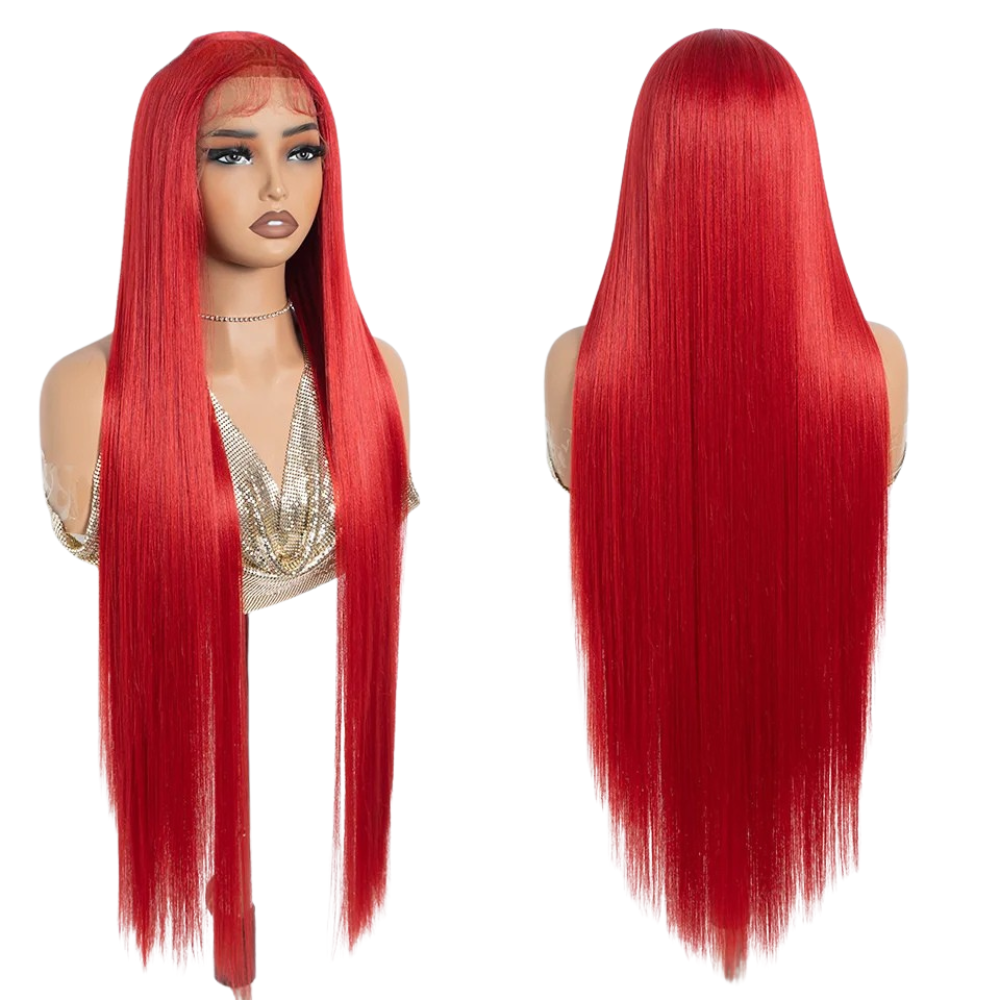 Red Straight 36 Inch Long Synthetic Lace Front Wigs For Women