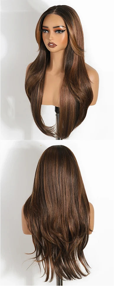 Brown Straight Layered Pre Plucked Synthetic Lace Front Wigs
