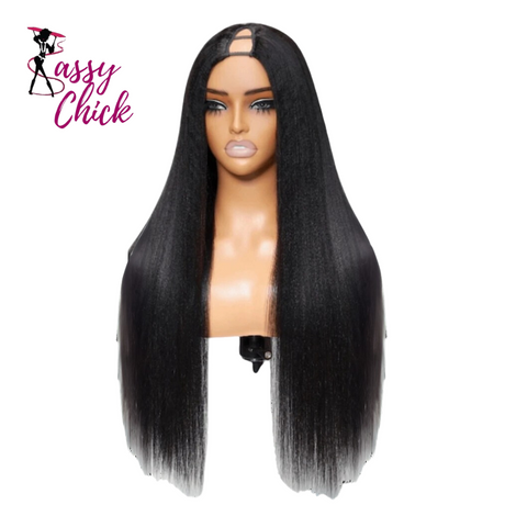 Straight V Part Hair Clip-in Human Hair Wigs Black Sassy Chick Logo