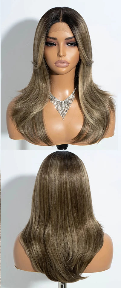 Brown Highlight Straight With Bangs 20 Inch Synthetic Lace Front Wigs