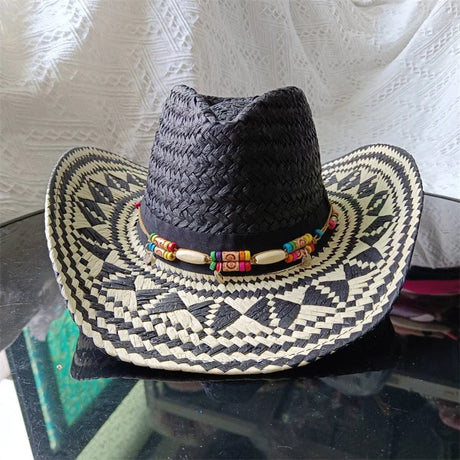 black white Straw Hand-Wove Cowboy Hat