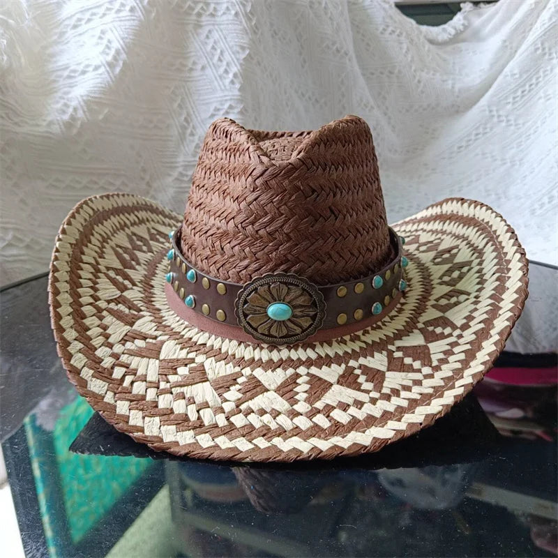 brown white Straw Hand-Wove Cowboy Hat