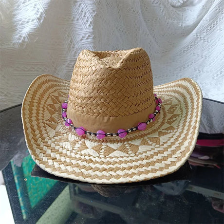 Khaki Straw Red Hand-Wove Cowboy Hat