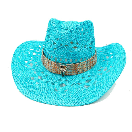 Blue Straw Red Hand-Wove Cowboy Hat